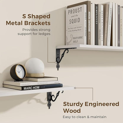 RICHFOCUS Floating Shelves for Wall Decor, 8 Inch Deep Shelves Set of 2, 16W x 8D Floating Shelves Wall Mounted with Metal Brackets, Rustic Wood Shelves for Living Room Bedroom Kitchen, White