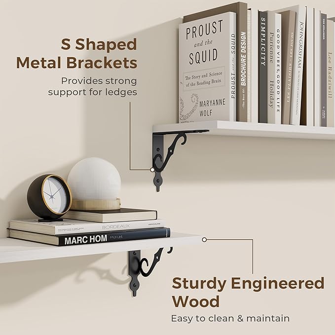 RICHFOCUS Floating Shelves for Wall Decor, 47.3W x 8D Shelves Set of 2, 8 Inch Deep Rustic Wood Shelves Wall Mounted with Brackets, Long Floating Shelves for Living Room Bedroom Kitchen, White