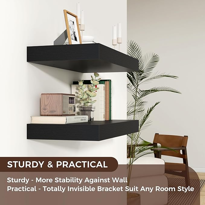 Floating Shelves for Wall, 24 Inch Wide x 12 Inch Deep Floating Shelves, Long Wood Floating Wall Shelf Shelves for Living Room Bathroom Bedroom Kitchen Home - (Black, 24
