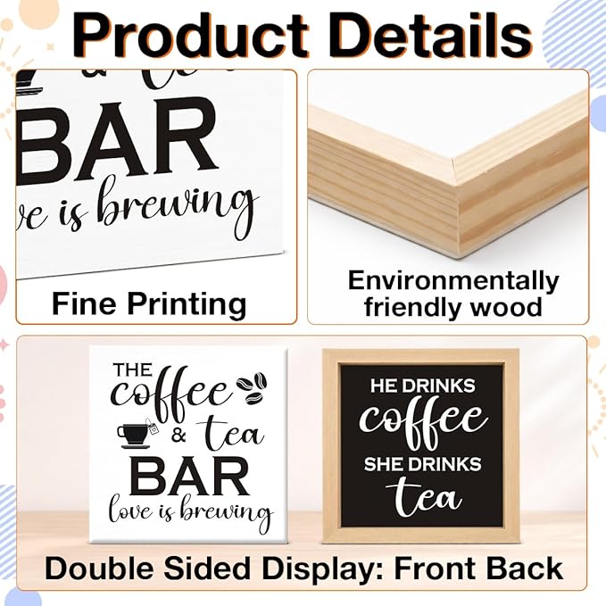Funny Coffee and Tea Bar Decor - Coffee Lover Gift Ideas for He She - Double-sided Wood Box Sign for Home Kitchen Farmhouse Office Desk Shelf Decor