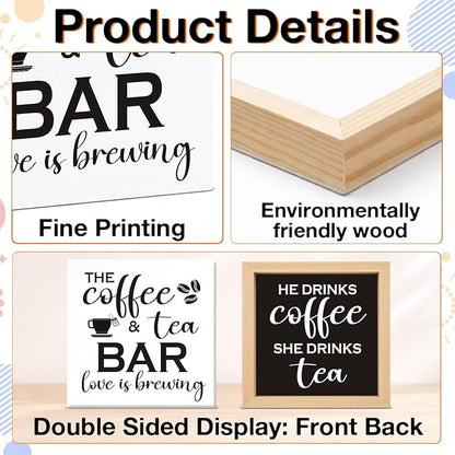 Funny Coffee and Tea Bar Decor - Coffee Lover Gift Ideas for He She - Double-sided Wood Box Sign for Home Kitchen Farmhouse Office Desk Shelf Decor