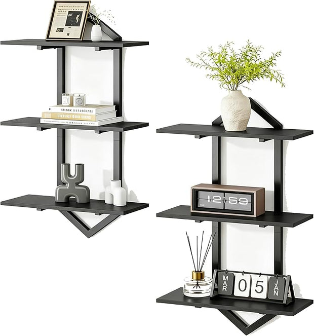 3 Tier Floating Shelves, Set of 2 Wall Shelves for Living Room, Modern Geometric Wooden Shelf for Wall Decor, Hanging Storage Shelf for Bedroom Bathroom Kitchen Home Office (Black)