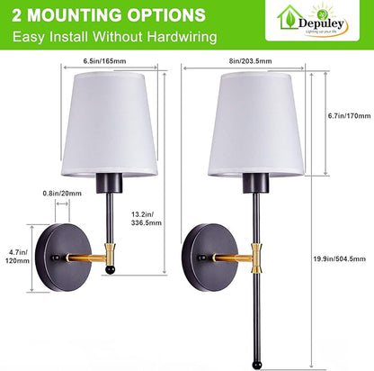 Depuley Battery Operated Wall Sconce: Set of 2 19.99" Wireless Wall Lights with Remote for Bedroom - Rechargeable 15 Colors Black and Gold Wall Lamp for Living Room Hallway Decor