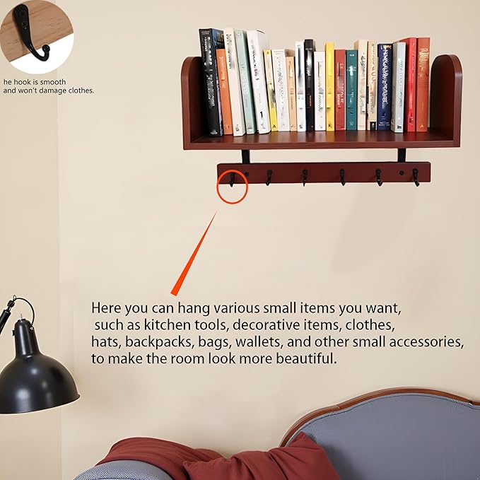 Selling at a Loss Promotion,Wooden Shelf with Hooks - Multipurpose Organizer for Kitchen, Books, Kitchen Shelf - Wall Mounted Natural Wood Storage Rack for Home，Floating Book Shelves