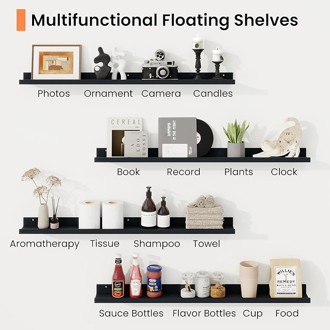 RICHFOCUS Picture Ledge Shelf, 40 inch Floating Shelves Set of 2, Wood Wall Shelves with Lip, Wall Decor Storage for Bedroom Living Room Bathroom Kitchen Nursery Photo Picture, Black