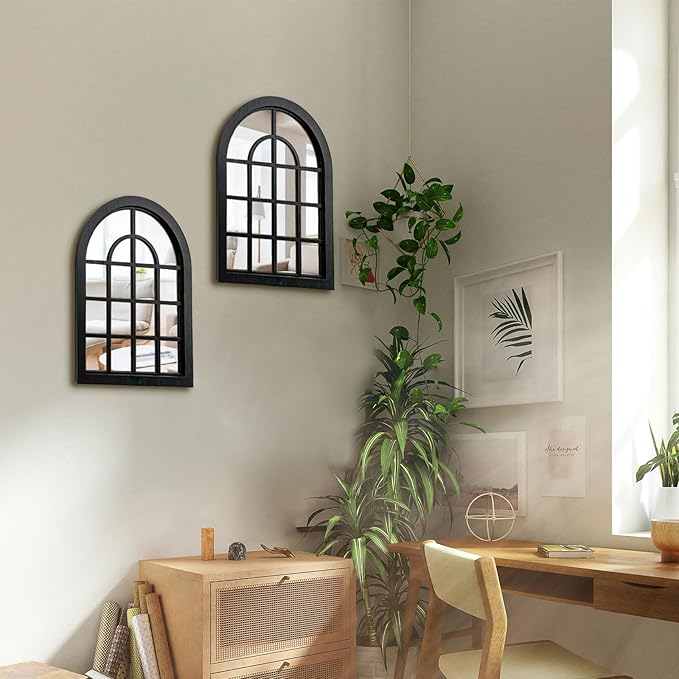 ZEXUIRU 2PCS Arched Window Wall Mirror,Rustic Farmhouse Accent Mirror, Wood Framed Entry Mirror for Living Room,Bathroom,Bedroom,Kitchen,15.7x11.8 Inches