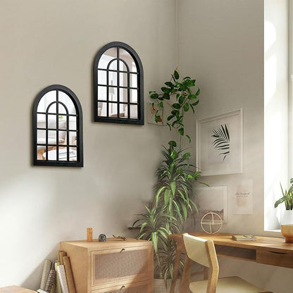 ZEXUIRU 2PCS Arched Window Wall Mirror,Rustic Farmhouse Accent Mirror, Wood Framed Entry Mirror for Living Room,Bathroom,Bedroom,Kitchen,15.7x11.8 Inches