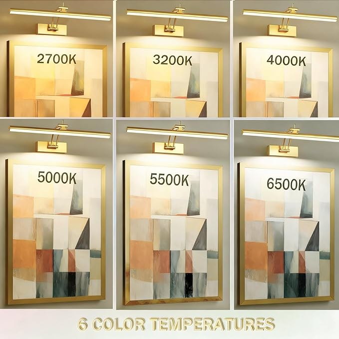 2 Pack Picture Light Battery Operated for Wall, 16" Wireless Art Lighting for Painting, 6 Colors Picture Frame Lights with Remote, Dimmable 5200mAh Gallery Light, Gold