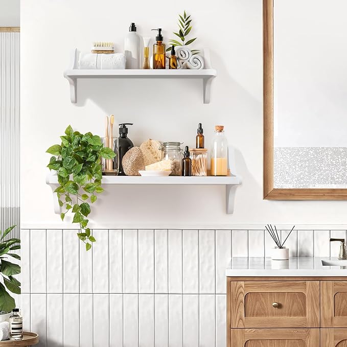 Wooden Floating Shelves for Wall, 15.7" W x 5" D x 0.6" H Large Wall Shelves, Hanging Storage Shelf with Sturdy Brackets for Living Room, Kitchen, Bathroom, Bedroom Decor, White, 3 Packs