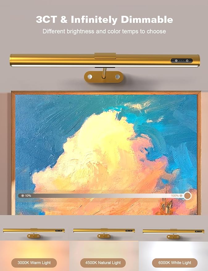 GOVSSING Picture Lights for Wall - 4000mAh Rechargeable Battery Wireless Picture Light with Remote, 3 Color Temps & Dimmable, 15.7” Rotatable Art Light, Memory & Timer Functions, Gold