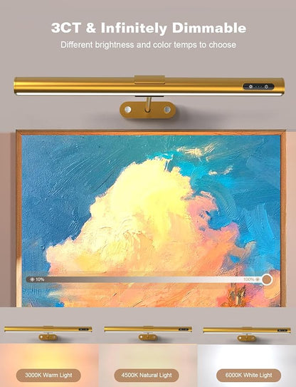 GOVSSING Picture Lights for Wall - 4000mAh Rechargeable Battery Wireless Picture Light with Remote, 3 Color Temps & Dimmable, 15.7” Rotatable Art Light, Memory & Timer Functions, Gold
