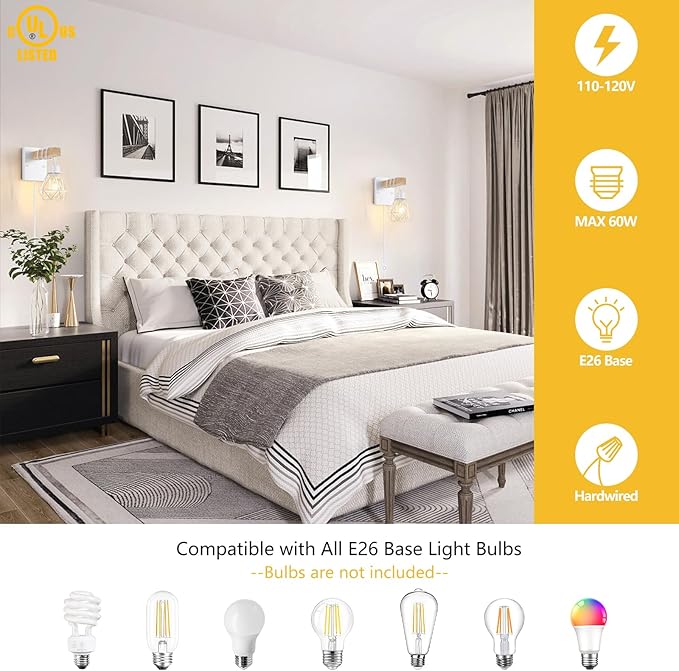 White Plug in Wall Sconces Set of Two, Modern Wall Lights with 5.25FT Plug in Cord, Wooden Bedside Wall Lamps with Metal Shade, Industrial Wall Lighting Decor for Living Room, Hallway, Stairs