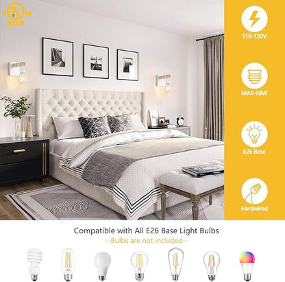 White Plug in Wall Sconces Set of Two, Modern Wall Lights with 5.25FT Plug in Cord, Wooden Bedside Wall Lamps with Metal Shade, Industrial Wall Lighting Decor for Living Room, Hallway, Stairs