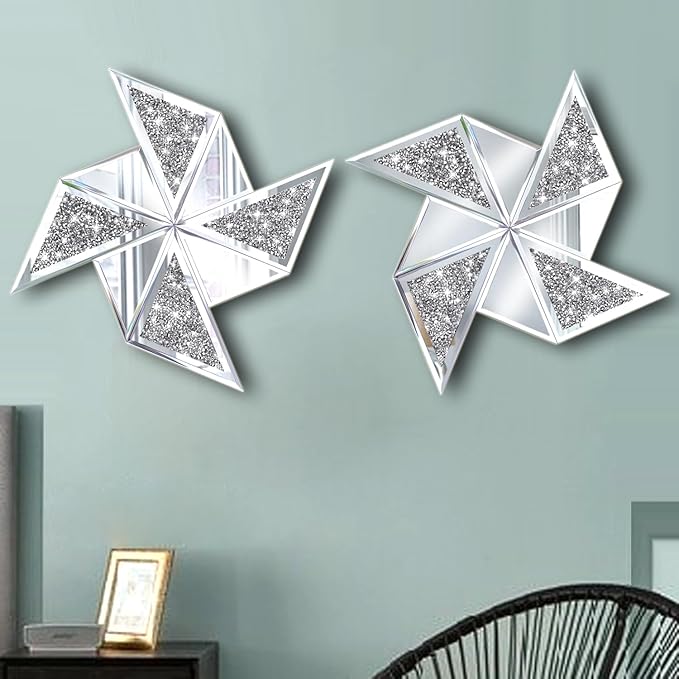 Set of 2 Diamond Decorative Mirrors, Cute Pinwheel Shape Wall Mirror, Crushed Diamond Glass Mirror for Home Décor. (15.6”x15.6”)