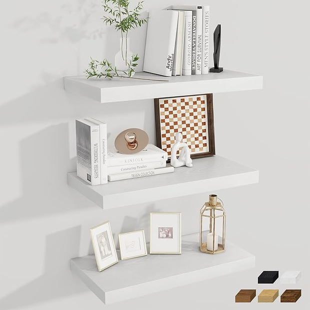 Fun Memories 24 x 12 Inch Deep Floating Shelves, 12 Inch Deep Rustic Wooden Book Shelf, Extra Deeper & Thicker Hanging Shelves for Living Room, Bathroom, Bedroom, Kitchen, Office, Set of 3 (White)