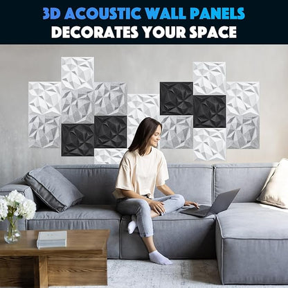 Acoustic 3D Wall Panels,24 Pack Sound Proof Felt Panels for Interior Wall Décor, Hollow Sound Absorbing Panel for Studio, Living Room, Home, Hotel, 12''x12'' Cover 24 sq ft (White, 24 Pack)