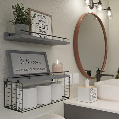 WOPITUES Floating Shelves for Wall Decor Sign, Bathroom Organizers and Storage, Bathroom Shelves Over Toilet with Metal Guardrail-Modern Grey