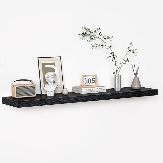 Floating Shelves - 10.3 Inch Deep Wall Shelf for Decor & Storage - Wall Mounted Display Shelving with Invisible Heavy-Duty Metal Bracket - 48" W x 10.3" D x 1.8" H - Set of 1 - Rustic Black
