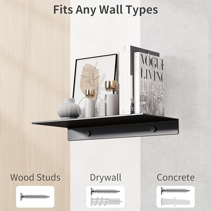 Danpoo Small Floating Shelf for Wall Storage, Mini Display Shelf for Collectibles, Metal Wall Shelf for Bathroom/Living Room/Kitchen/Bedroom(Black, 8")