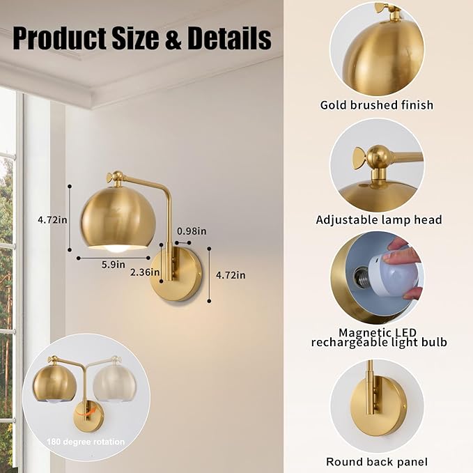 Gold Battery Operated Wall Sconces Set of 2, Rechargeable Cordless Wall Light Fixture with Remote, Dimmable Wireless Battery Powered Wall Decor Lighting Lamp for Bedroom Living Room