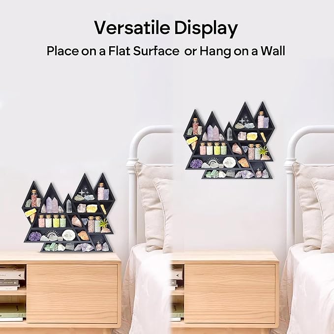 Mountain Crystal Shelf Display for Wall, Wooden Triangle Rock Gem Stone Storage Holder, Meditation Room Decor Spiritual Gift, Wall Hanging Organizer for Trinkets, Knick Knacks, Art Collections
