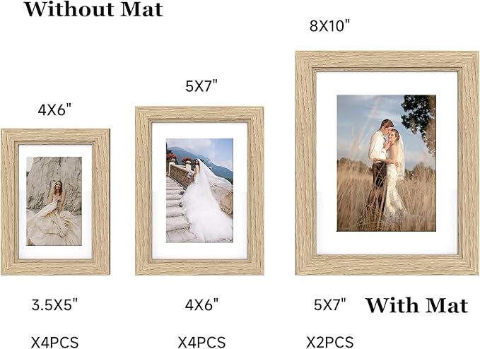 Picture Frames, Made of Real Glass and Wooden Frame, Gallery Photo Frames Set of 10 for Collage Wall Decor, Multi Sizes Including 8x10, 5x7, 4x6 for Mounting or Tabletop Display, Wood