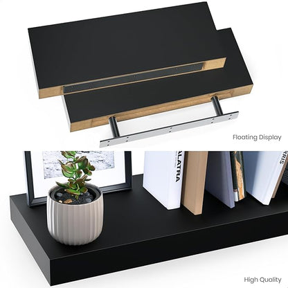 Ballucci Floating Shelves, 2-Pack 16" Wood Wall Shelf Set with Invisible Brackets for Bathroom, Living Room, Bedroom, Kitchen, Nursery, 6" Deep, Black
