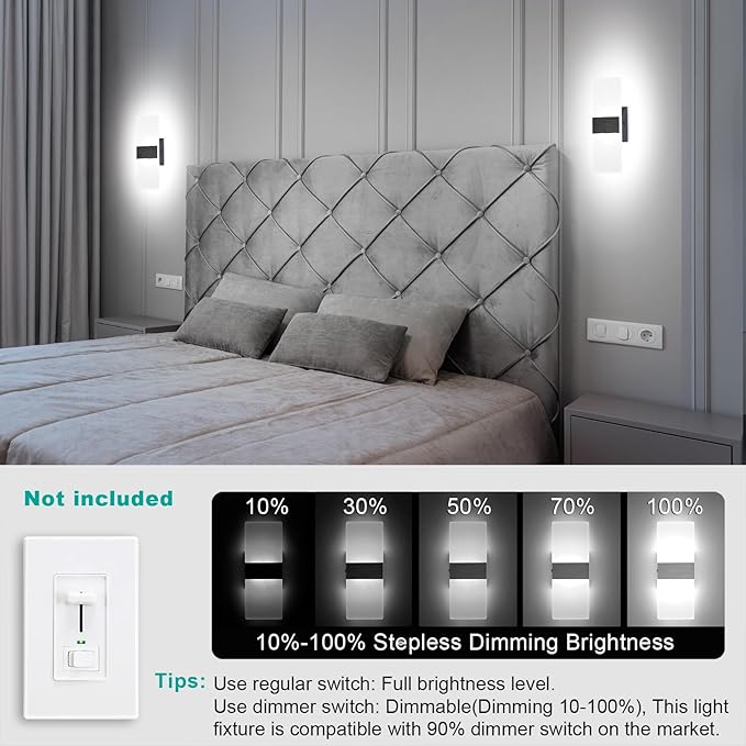 TRLIFE Dimmable LED Wall Sconces, 4 Color Temperature Modern Wall Sconce 12W Dimmable Wall Lights Set of 2 Wall Mounted Light for Bedroom Bedside Hallway Living Room Stairway(2 Pack, Black)