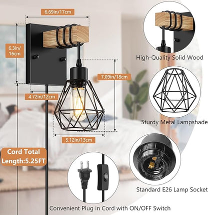 Plug in Wall Sconces Set of Two, Vintage Wood Wall Lamps with Plug in Cord, Farmhouse Wall Light Fixture with 5.25FT On/Off Switch Cord, Indoor Sconces Lighting for Bedroom Living Room