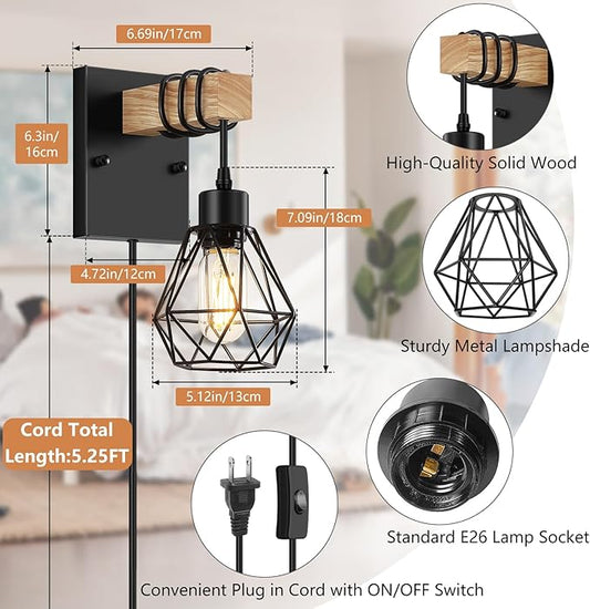 Plug in Wall Sconces Set of Two, Vintage Wood Wall Lamps with Plug in Cord, Farmhouse Wall Light Fixture with 5.25FT On/Off Switch Cord, Indoor Sconces Lighting for Bedroom Living Room