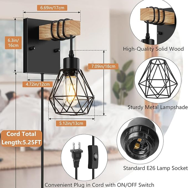 Plug in Wall Sconces Set of Two, Vintage Wood Wall Lamps with Plug in Cord, Farmhouse Wall Light Fixture with 5.25FT On/Off Switch Cord, Indoor Sconces Lighting for Bedroom Living Room