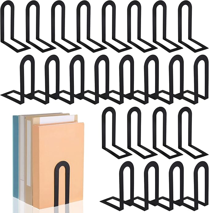 Chunful 24 Pcs Book Ends Bulk for Shelves Decorative Small Modern Metal Bookends Book Shelf Organizer Minimalist Design Stopper to Hold Books for Home Office (Black, 5.5 * 3.75 * 2.25inch)