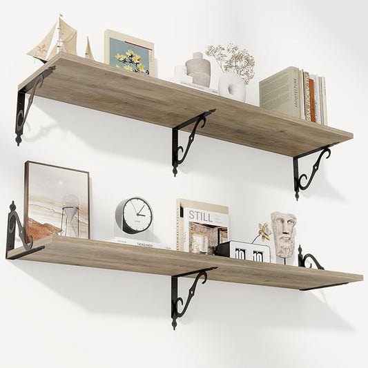 RICHFOCUS 12 Inch Deep Floating Shelves for Wall, 48" W x 12" D Wood Wall Shelves Set of 2, Wide Floating Shelves for Living Room, Bedroom, Kitchen, Bathroom and Decor Storage, Grey