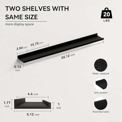 55.1 Inches Long Floating Shelves, 2 Set Modern Wall Shelf for Bedroom, Nursery Book Shelf with Lip, Picture Ledge Shelf for Wall Decor Living Room Bathroom Kitchen - Black