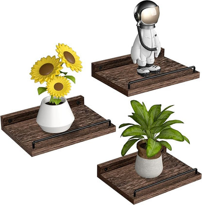Small Floating Shelf, 6 X 9 Inches Farmhouse Wall Shelves for Living Room, Bedroom, Picture Frames, Plants, Kitchen, Set of 3 (Brown)