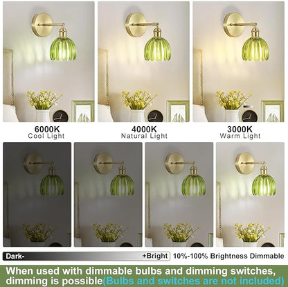 Hardwired Wall Sconces Set of Two, Vintage Wall Lights with Green Tulip Glass Lampshade, Gold Wall Lamps for Bedroom Bedside Stairway Bathroom Living Room (Bulbs Not Included, Not Battery Powered)