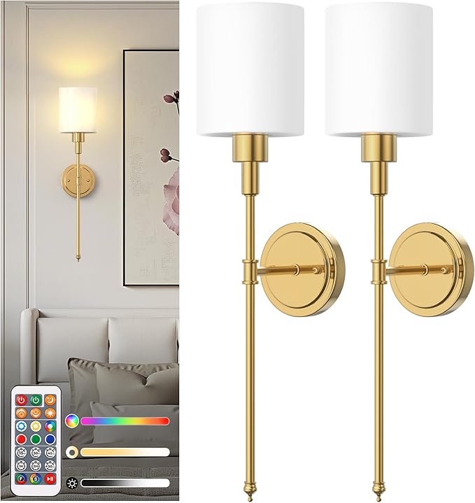DORESshop Battery Operated Wall Sconce Set of 2, Wireless Wall Light Easy to Install, 10 Color, Sconce Wall Decor Set of 2 for Bedroom, Living Room, Gold and Milky White Glass Shade, 24.3in