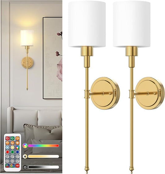 DORESshop Battery Operated Wall Sconce Set of 2, Wireless Wall Light Easy to Install, 10 Color, Sconce Wall Decor Set of 2 for Bedroom, Living Room, Gold and Milky White Glass Shade, 24.3in