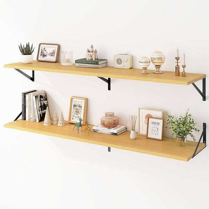 Deep Floating Shelves Wall Mounted, 55"x12" Oak Wall Shelves with Brackets Set of 2 for Bedroom, Living Room, Bathroom, Kitchen, Office - Storage & Display Shelf for Decor, Books, Plants