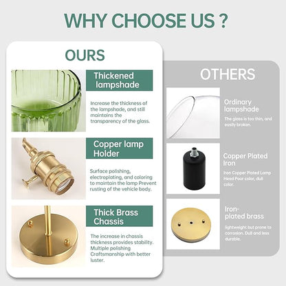 Battery Operated Wall Sconce with Green Striped Shade Pattern Glass Adjustable Chain Retro Gold Wall Mounted Light, Modern Wall Decor for Bedside Bedroom Indoor Doorway， Set of 2