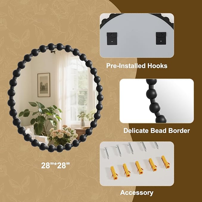 Round Mirror for Wall, 28 Inch Black Beaded Frame Decorative Vanity Mirror, Circle Bathroom Mirror with High-Definition Lense, Modern Wall Decor for Bathroom, Living Room, Bedroom, Entryway