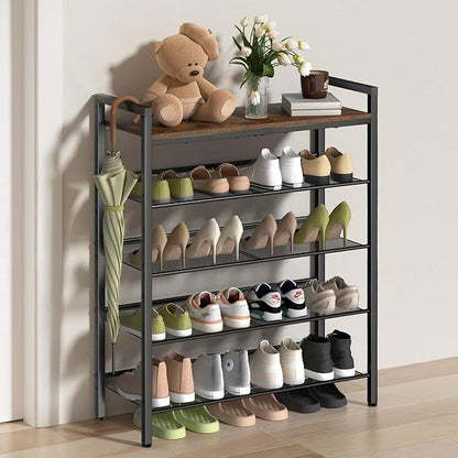 5 Tier Shoe Rack for Entryway, Metal Shoe Rack Heavy Duty with Wooden Top & Adjustable Mesh Shelves, Shoe Storage Organizer for Front Door Entrance/Closet/Bedroom/Dorm/Garage