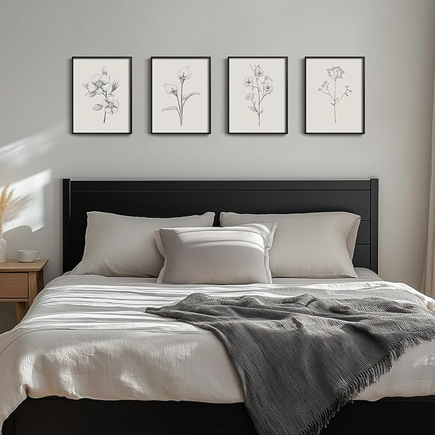 Framed Black and White Floral Wall Art, 4 Piece Vintage Gray Botanical Canvas Prints Painting Artwork, Minimalist Neutral Flower Pictures for Farmhouse Bedroom Living Room Bathroom Home Decor, 11x14