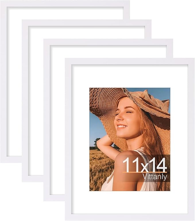 Vittanly 11x14 Picture Frame Set of 4, Display Pictures 8x10 with Mat or 11x14 without Mat, Gallery Wall Frame Set for Wall or Tabletop Display, White
