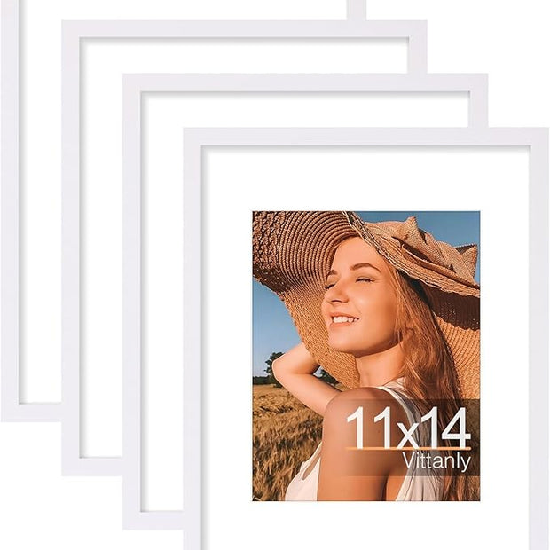 Vittanly 11x14 Picture Frame Set of 4, Display Pictures 8x10 with Mat or 11x14 without Mat, Gallery Wall Frame Set for Wall or Tabletop Display, White