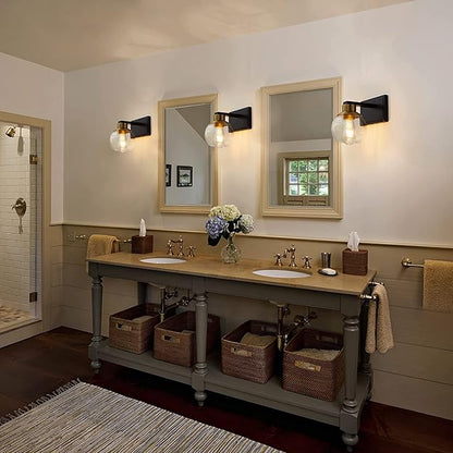 Bathroom Sconces Set of 2, Black and Gold Wall Sconces Set of Two, Bathroom Vanity Light with Clear Glass Shade, Modern Wall Light Fixtures for Bath Mirror Hallway Bedroom Living Room, Hardwired
