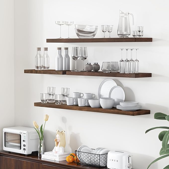 Fun Memories Floating Shelves for Wall, 48"x9.3" Rustic Solid Elm Wood Wall Shelves, Heavy-Duty Mounted Shelves with Invisible Brackets for Living Room, Bedroom, Kitchen, Walnut Finish