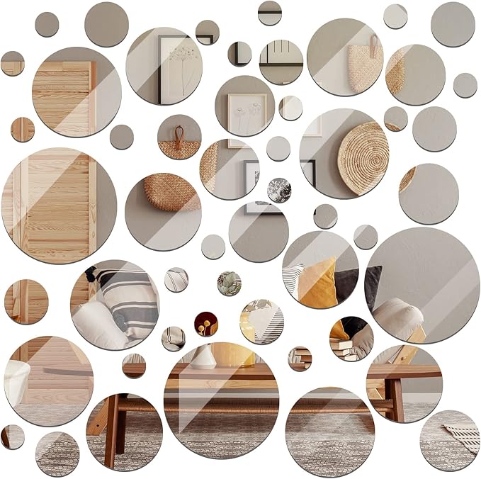 Jetec 56 Pcs Real Glass Round Mirror Tiles Frameless Wall Glass Tiles Round Wall-Mount Mirrors with Acrylic Double Sided Adhesive for Bedroom Bathroom Craft(2/3/4/6/8/10 Inch)
