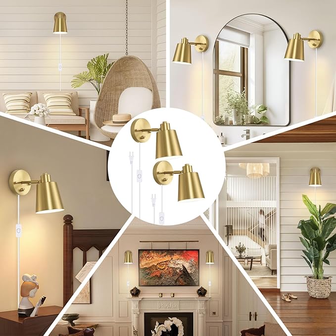 Dimmable Wall Sconces Plug in, Adjustable Angle Wall Lamps with Plug in Cord and Dimmer On/Off Knob Switch, Gold Wall Light with Metal Shade for Bedroom Bedside Doorway (2 Bulbs Included)