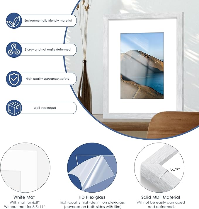 PEALSN 8x10 Picture Frame Set of 6, Display Pictures 5x7 with Mat or 8x10 without Mat for Wall Mounting or Table Top Display, Photo Frames Collage for Wall Decor, Silver.